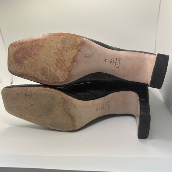 Schutz Black Croc-Embossed Leather Ankle Boots With Square Toe & Side Zipper 8.5 - Picture 7 of 9